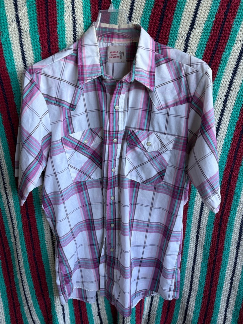 Vintage Saddle King Western pearl snap button down short sleeve shirt men's M